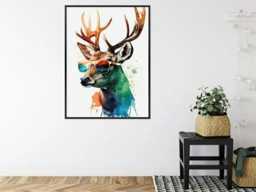 Poster Waldlichtungsstil – Hirsch Mit Sonnenbrille