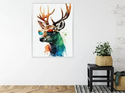 Poster Waldlichtungsstil – Hirsch Mit Sonnenbrille
