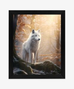 Poster Weißer Wolf Steht Auf Einem Felsen Im Wald