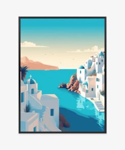 Poster Wunderschönes Santorini Mit Blauer Meeresillustration
