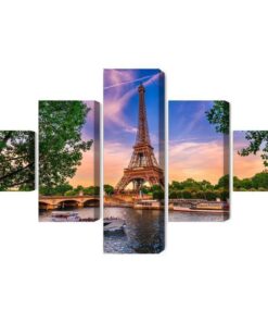 Mehrteiliges Bild Eiffelturm Und Seine Bei Sonnenuntergang In Paris