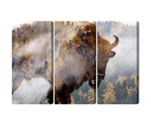 Mehrteiliges Bild Ein Bison Auf Dem Hintergrund Eines Nebligen Waldes