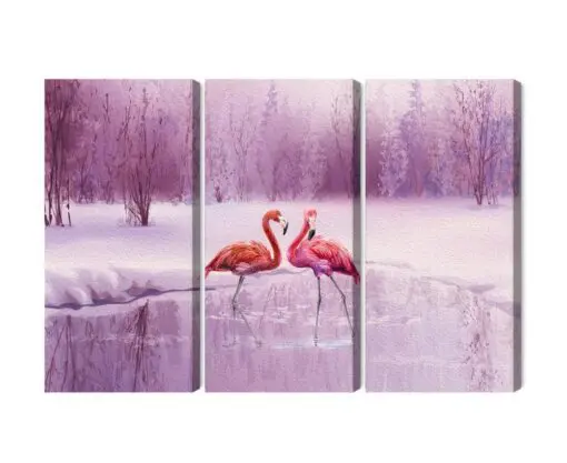 Mehrteiliges Bild Flamingos Vor Einer Lila Landschaft