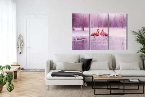 Mehrteiliges Bild Flamingos Vor Einer Lila Landschaft