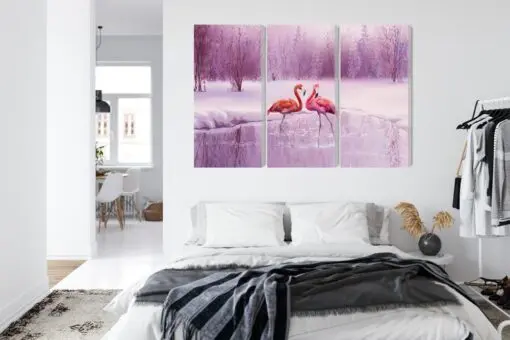 Mehrteiliges Bild Flamingos Vor Einer Lila Landschaft