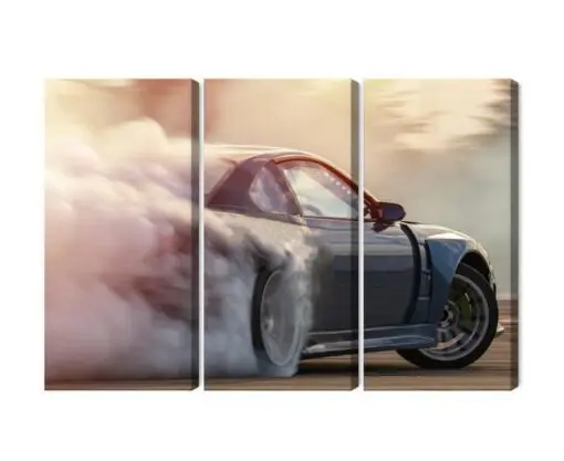 Mehrteiliges Bild Sportwagen In Einer Rauchwolke