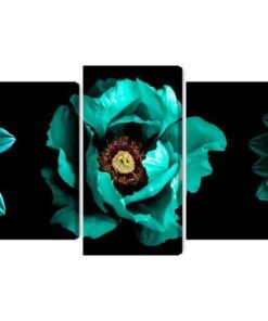 Mehrteiliges Bild Türkisfarbene Blumen Auf Schwarzem Hintergrund
