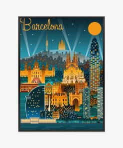 Poster Barcelona Bei Nacht Mit Beleuchteten Gebäuden