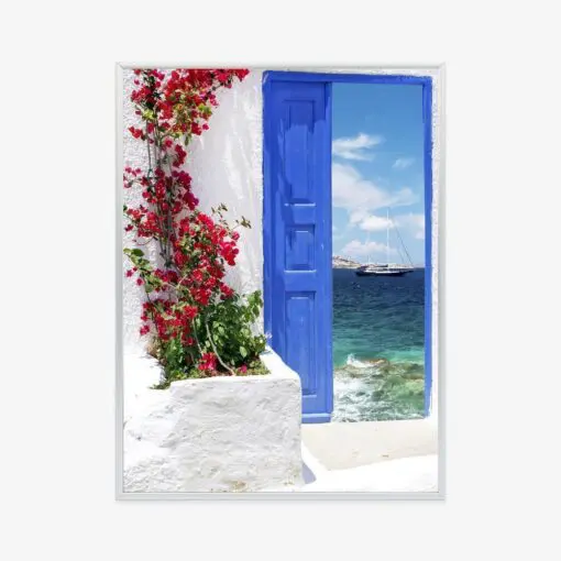Poster Traditionelle Griechische Tür Mit Blick Auf Das Meer
