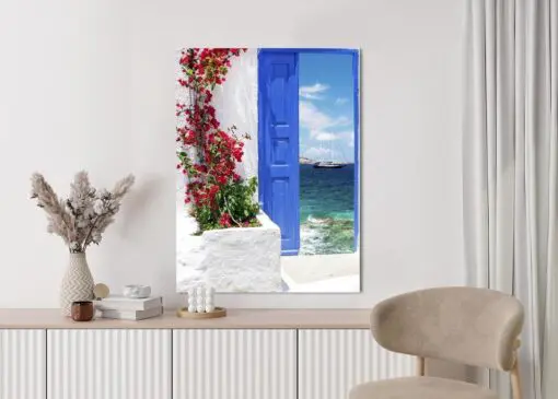 Poster Traditionelle Griechische Tür Mit Blick Auf Das Meer