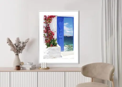 Poster Traditionelle Griechische Tür Mit Blick Auf Das Meer