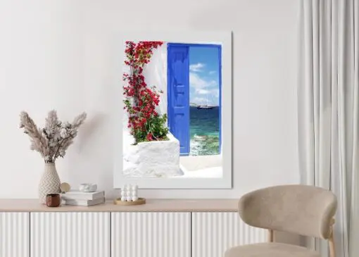 Poster Traditionelle Griechische Tür Mit Blick Auf Das Meer