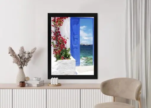 Poster Traditionelle Griechische Tür Mit Blick Auf Das Meer