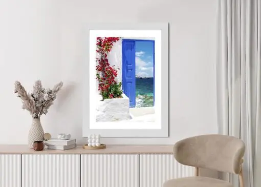 Poster Traditionelle Griechische Tür Mit Blick Auf Das Meer