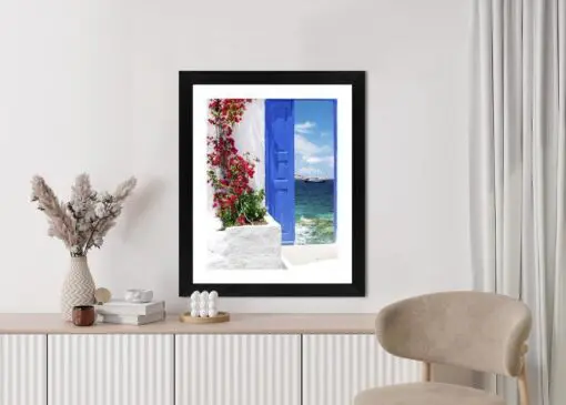 Poster Traditionelle Griechische Tür Mit Blick Auf Das Meer