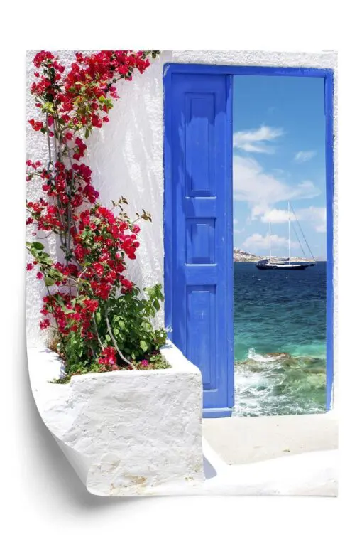 Poster Traditionelle Griechische Tür Mit Blick Auf Das Meer