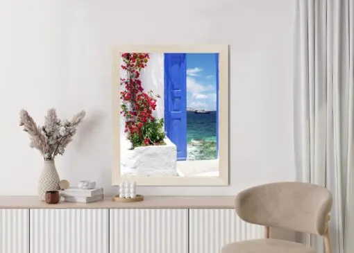 Poster Traditionelle Griechische Tür Mit Blick Auf Das Meer