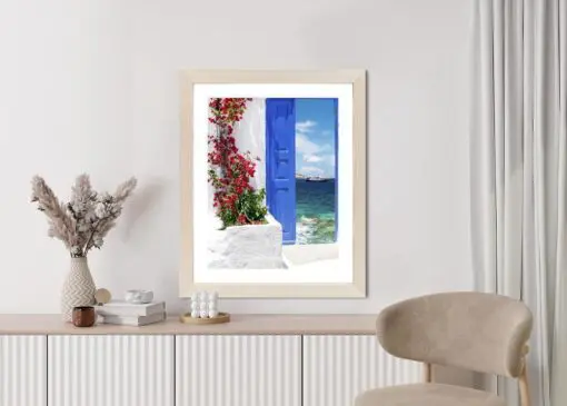 Poster Traditionelle Griechische Tür Mit Blick Auf Das Meer