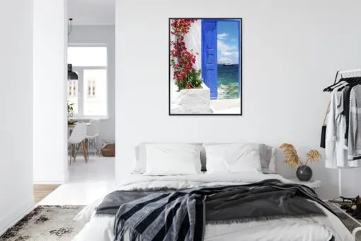 Poster Traditionelle Griechische Tür Mit Blick Auf Das Meer