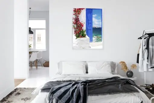 Poster Traditionelle Griechische Tür Mit Blick Auf Das Meer