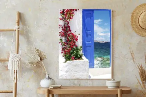 Poster Traditionelle Griechische Tür Mit Blick Auf Das Meer