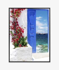 Poster Traditionelle Griechische Tür Mit Blick Auf Das Meer