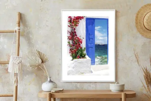 Poster Traditionelle Griechische Tür Mit Blick Auf Das Meer