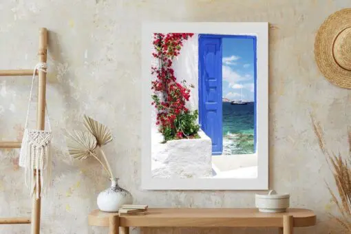 Poster Traditionelle Griechische Tür Mit Blick Auf Das Meer