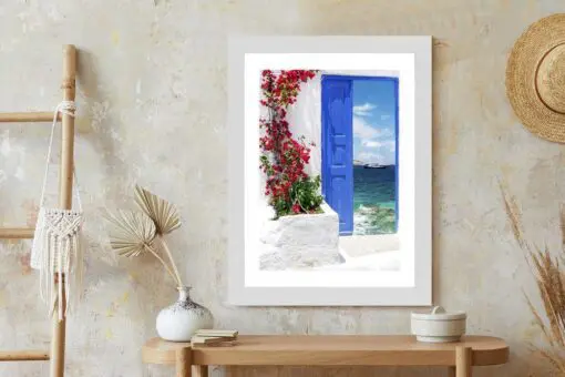 Poster Traditionelle Griechische Tür Mit Blick Auf Das Meer