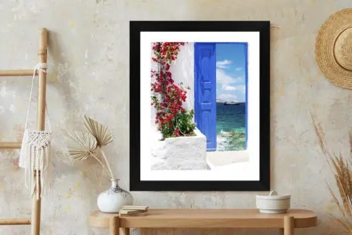 Poster Traditionelle Griechische Tür Mit Blick Auf Das Meer