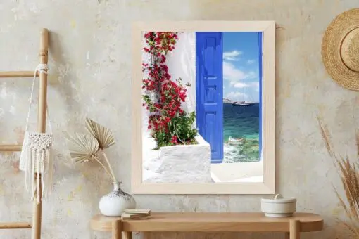 Poster Traditionelle Griechische Tür Mit Blick Auf Das Meer