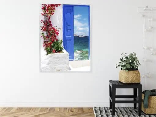 Poster Traditionelle Griechische Tür Mit Blick Auf Das Meer
