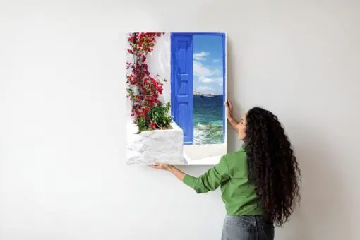 Poster Traditionelle Griechische Tür Mit Blick Auf Das Meer