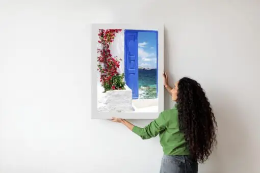 Poster Traditionelle Griechische Tür Mit Blick Auf Das Meer