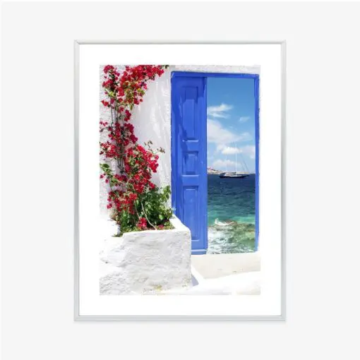 Poster Traditionelle Griechische Tür Mit Blick Auf Das Meer