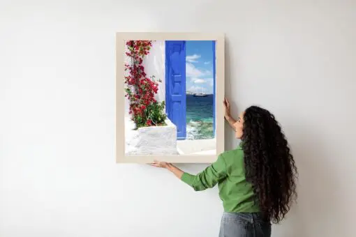 Poster Traditionelle Griechische Tür Mit Blick Auf Das Meer